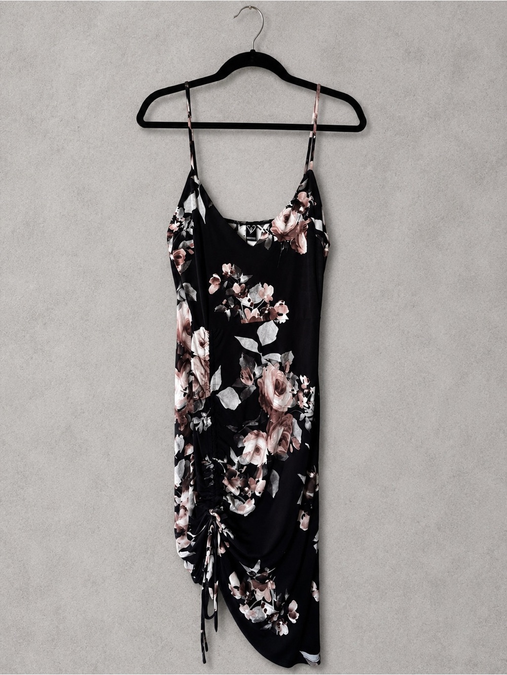 Windsor Floral Ruched Mini Dress Black Pink Spaghetti Strap Bodycon Size L